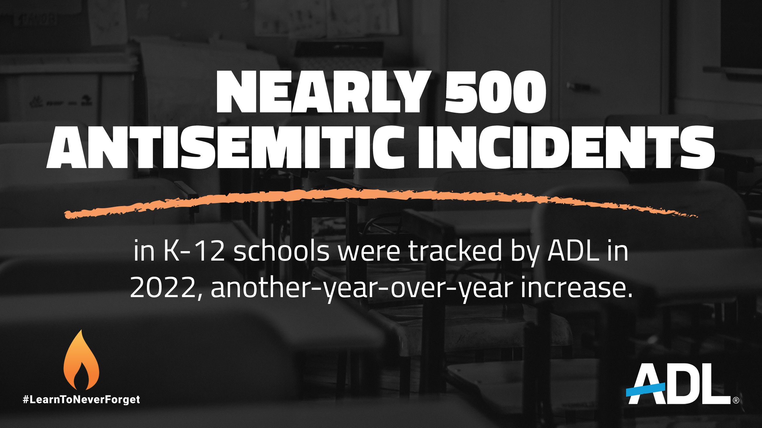 Nearly 500 antisemitic incidents
in K-12 schools were tracked by ADL in 2022, another year-over-year increase.
#LearnToNeverForget
ADL logo