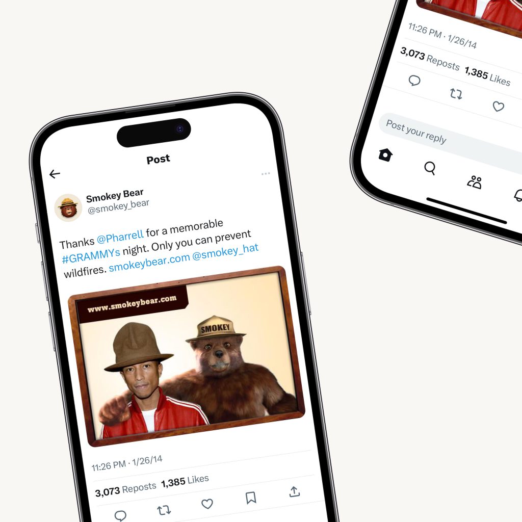 Twitter screenshot of a post from Smokey Bear.
Text content:
Smokey Bear
@smokey_bear
Thanks @Pharrell for a memorable #GRAMMYs night. Only you can prevent wildfires. smokeybear.com @smokey_hat
Image of Smokey with his arm around Pharell. Smokey is wearing his classic ranger hat and Pharrell is wearing his ranger hat that he wore to the Grammys.
3,073 Reposts 1,385 Likes